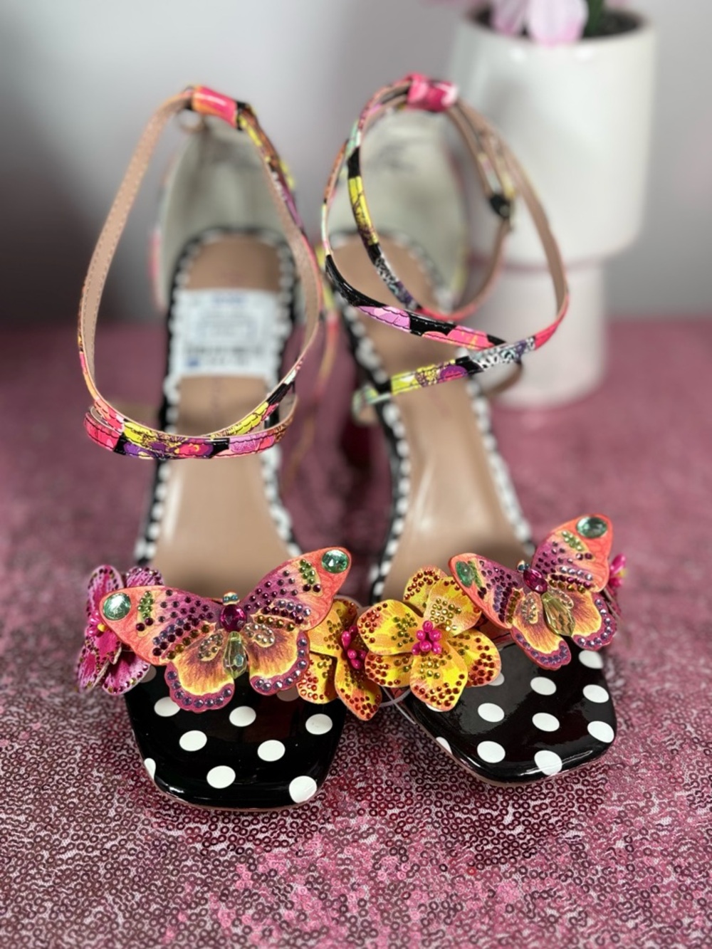 Betsey Johnson Polka Dot Floral Butterfly Strappy Heel Sandal Size 8.5 NO BOX